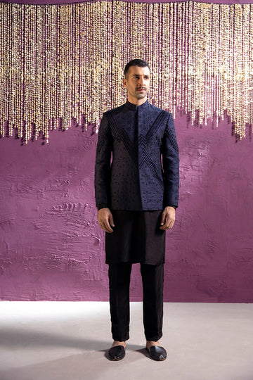 BLUE SELF EMBROIDERY PRINCE COAT